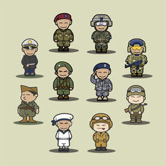 Cartoon Soldier Characters Bundle Cute Army Navy Pilot Marine Military Uniform Illustration