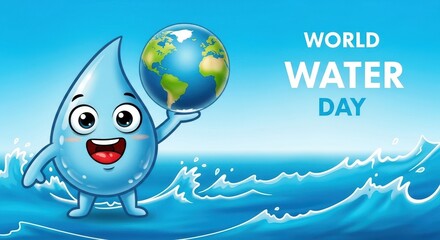 cheerful water droplet character holding globe above ocean waves with "world water day" text. concept of water conservation and quality. educational materials, awareness campaigns.