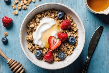 Granola with yogurt and berries for a healthy breakfast. Bowl of greek yogurt with granola, almonds, blueberries and strawberries, top view, copy space.
