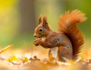 Red squirrel eating nut in autumn leaves (1)
