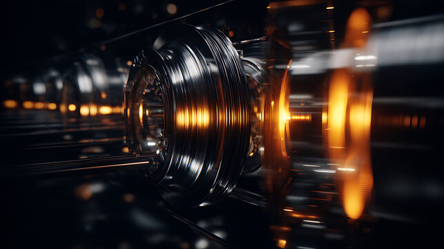 Close-up of rotating mechanical components with glowing orange highlights in a dark industrial setting