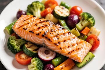 Grilled salmon fish fillet with asparagus. Top view on blue stone table.