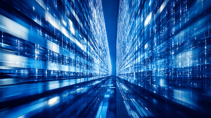Digital tunnel with glowing blue data streams and futuristic architecture