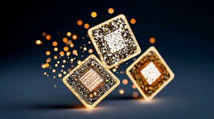 Three illuminated microchips with glowing particles floating in a dark space, showcasing advanced semiconductor technology.