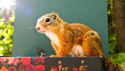 Adorable reddish squirrel perched on box