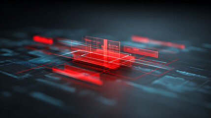 Digital interface with red holographic elements and data grid on dark background