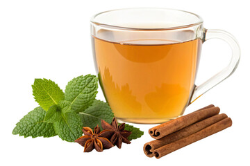 Warm and inviting glass of herbal tea with fresh mint, cinnamon, and star anise perfect for a wellness blog or cafe menu design