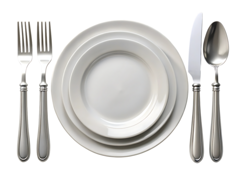 Stacked cutout png white dinner plates with silverware set for dining isolated on a transparent background
