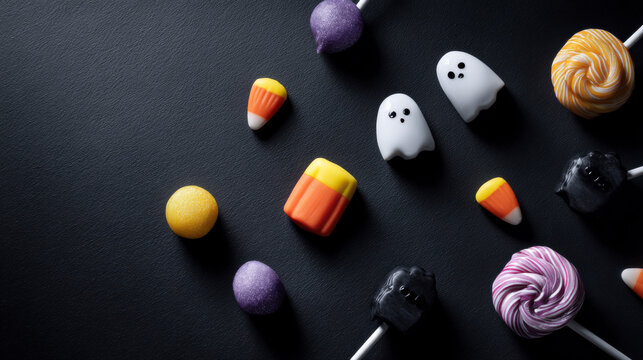 A black background with a variety of Halloween candies and treats