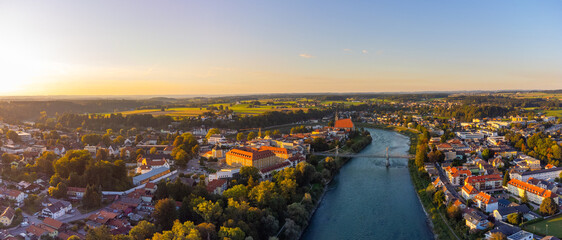 City of Laufen, Bavaria, and Oberndorf bei Salzburg, Austria, in summer at sunset