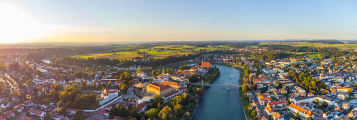 City of Laufen, Bavaria, and Oberndorf bei Salzburg, Austria, in summer at sunset