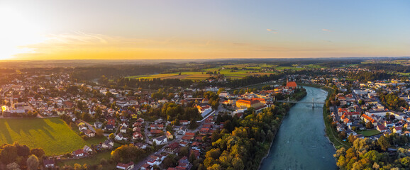 City of Laufen, Bavaria, and Oberndorf bei Salzburg, Austria, in summer at sunset
