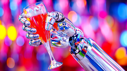 Robotic hand holding a cocktail glass with colorful background