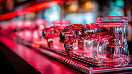 Row of glass beer taps illuminated by red lighting in a bar setting