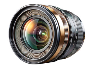 Detailed view of a modern camera lens with gold and silver accents cutout png isolated on a transparent background