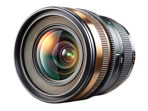 Detailed view of a modern camera lens with gold and silver accents cutout png isolated on a transparent background