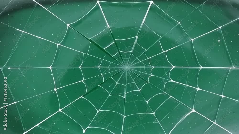 Wall mural intricate spider web glistens with dew, creating a delicate natural pattern against a deep green bac