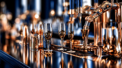 Robotic arm pouring drinks into glasses at a modern bar setup with reflective surfaces and elegant glassware