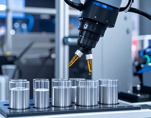 Obraz premium Industrial robot dispensing liquid into containers