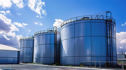 Storage tank with a large cylindrical metallic steel body, placed in an industrial facility, oil depot, or water treatment plant to store liquids like oil, water, or chemicals, equipped with valves, p