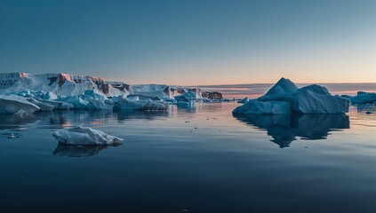 Arctic coastal landscape with floating icebergs