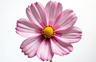 Obraz premium Pink cosmos flower detailed macro shot, white background, isolated object. Delicate petals with fuchsia accents, yellow center. Fresh bloom, represents summer, spring, nature, beauty, garden flora.