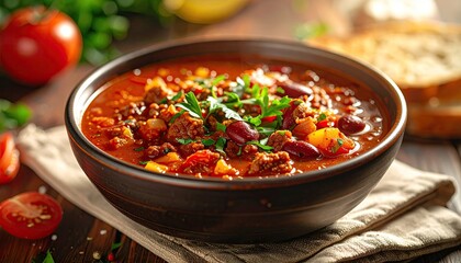 Hearty Beef and Bean Stew in Dark Bowl with Vibrant Garnishes on Rustic Wooden Surface Under Natural Daylight, Culinary Still Life, Close Up View