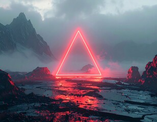 Futuristic landscape with glowing triangle