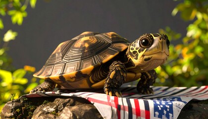 Adorable turtle on patterned cloth, outdoors