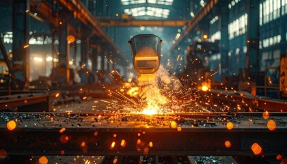 Heavy Industrial Metal Welding with Intense Sparks Inside Factory Production Hall