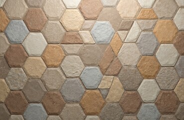 Close-up of beige and brown ceramic tiles. Hexagonal floor tiles feature honeycomb pattern. Textured surface detail for modern bathroom, kitchen, or interior decor. Stone block construction.