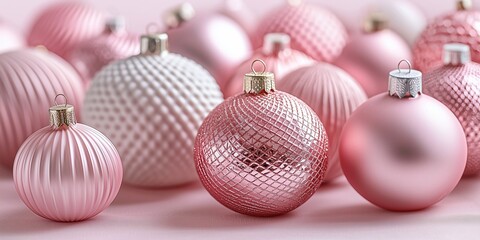 Pink Christmas baubles on pastel background. Elegant holiday ornaments for festive winter decor.