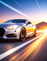 Silver sports car on a highway at sunset