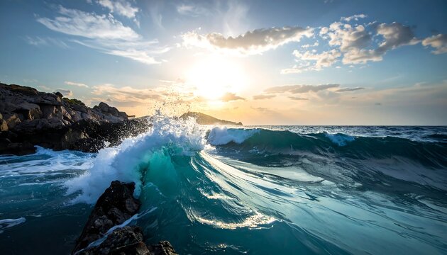 Dramatic sunset over turquoise ocean waves crashing on rocks