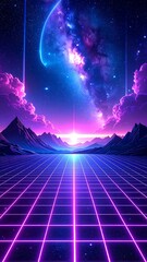 Futuristic landscape with vibrant colors and grid pattern