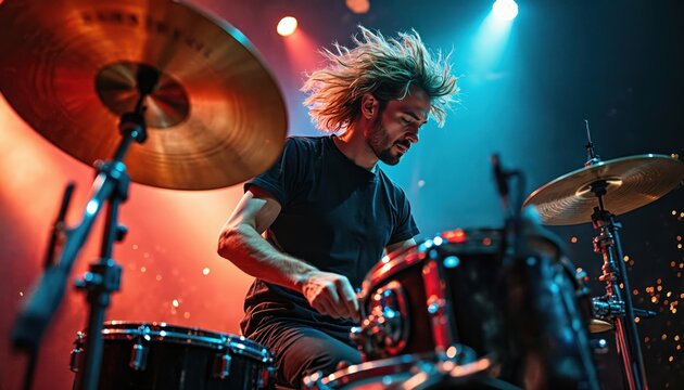 Energetic male drummer in motion playing rock music on stage. Young musician with dynamic hairstyle hits drum set with drumsticks. Performance with bright stage lights, blurred background bokeh.