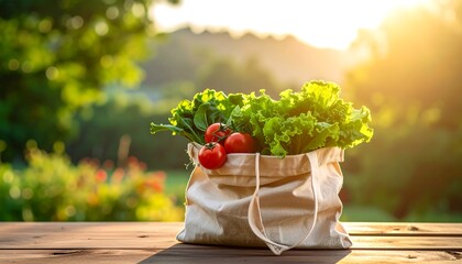 Fresh produce in reusable bag outdoors