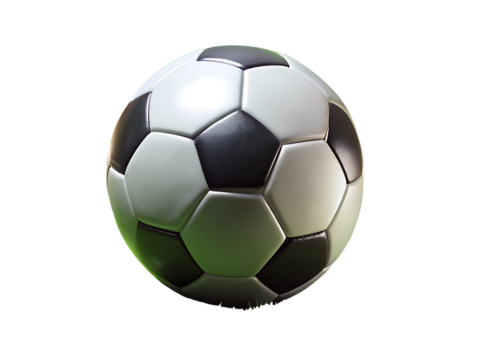 Classic cutout png black and white soccer ball with subtle green lighting on a dark background isolated on a transparent background