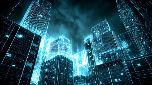 Futuristic cityscape with illuminated skyscrapers under a dark stormy sky