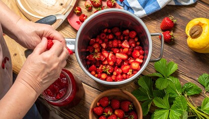 Hands preparing strawberry jam