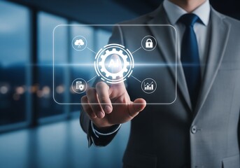 Fototapeta premium Businessman interacts with futuristic AI interface showcasing data security, cloud computing, and growth analytics in a modern office setting.