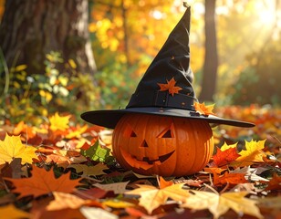 Halloween pumpkin in autumn leaves