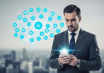 Professional navigating advanced AI-driven applications on a mobile device, symbolizing future technology and smart business connectivity