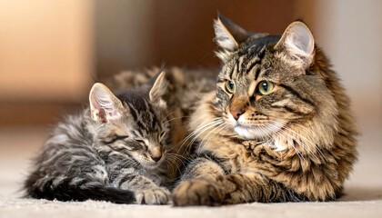 Adult cat and kitten cuddling