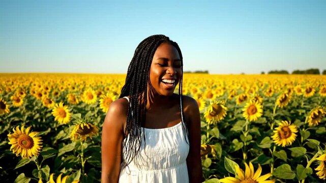 A joyful African American woman stands in a field of sunflowers, laughing and looking up at the sky.