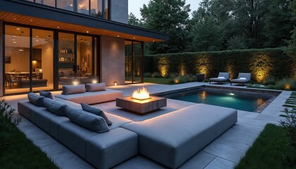 Modern backyard features fire pit, contemporary seating, and swimming pool. Luxury patio with concrete, wood, and stone elements. Evening relaxation in residential garden.