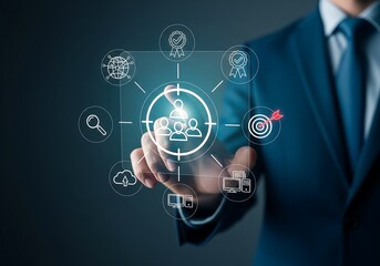Fototapeta premium Businessman Targeting Ideal Customer Profile: Strategic Digital Marketing, Data-Driven Approach, Achieving Business Goals, Global Reach, Quality Assurance, Success Metrics.