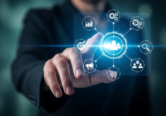 Futuristic business professional interacting with a glowing digital interface, engaging in customer-centric strategies and data analysis for organizational growth and market reach