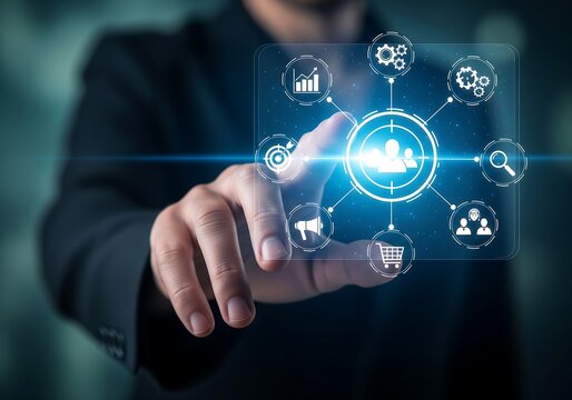 Futuristic business professional interacting with a glowing digital interface, engaging in customer-centric strategies and data analysis for organizational growth and market reach - Powered by Adobe