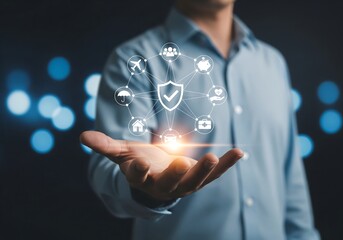 Digital Shield of Comprehensive Protection Services Displayed Over a Business Professional's Open Palm, Illustrating Security and Coverage Options in a Modern, Connected World